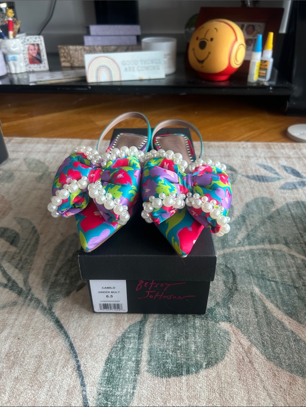 Betsey Johnson Kids Bright Multicolor Pearl Bow Slingback Flats